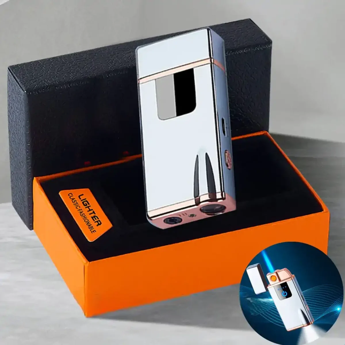 USB-запальничка A33642Gray із форсункою та ліхтариком, подвійні електродуги, у подарунковій коробці
