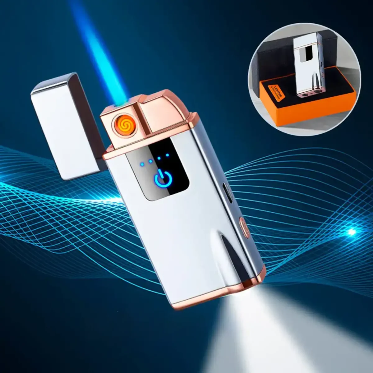 USB-запальничка A33642Gray із форсункою та ліхтариком, подвійні електродуги, у подарунковій коробці