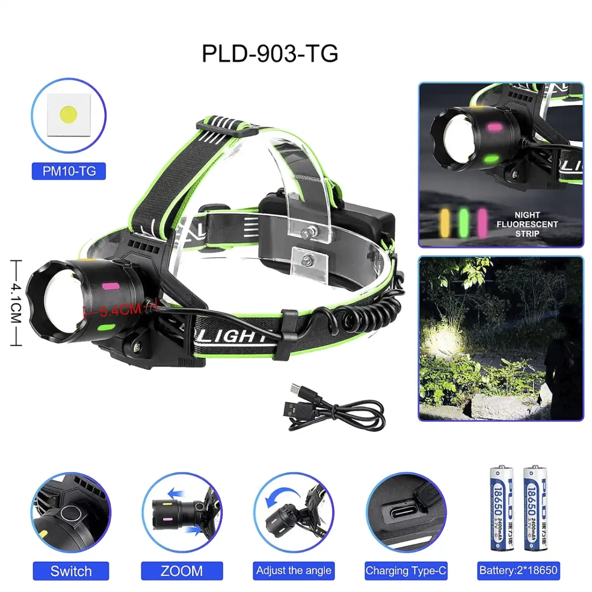 Налобний ліхтар NIGHT VISION PLD-903-TG із зумом і флуоресцентним корпусом