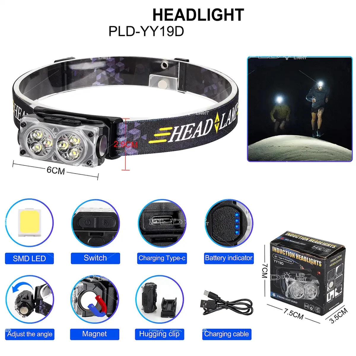 Налобний ліхтар YY-19D-6SMD із 6 діодами, магнітом і кліпсою