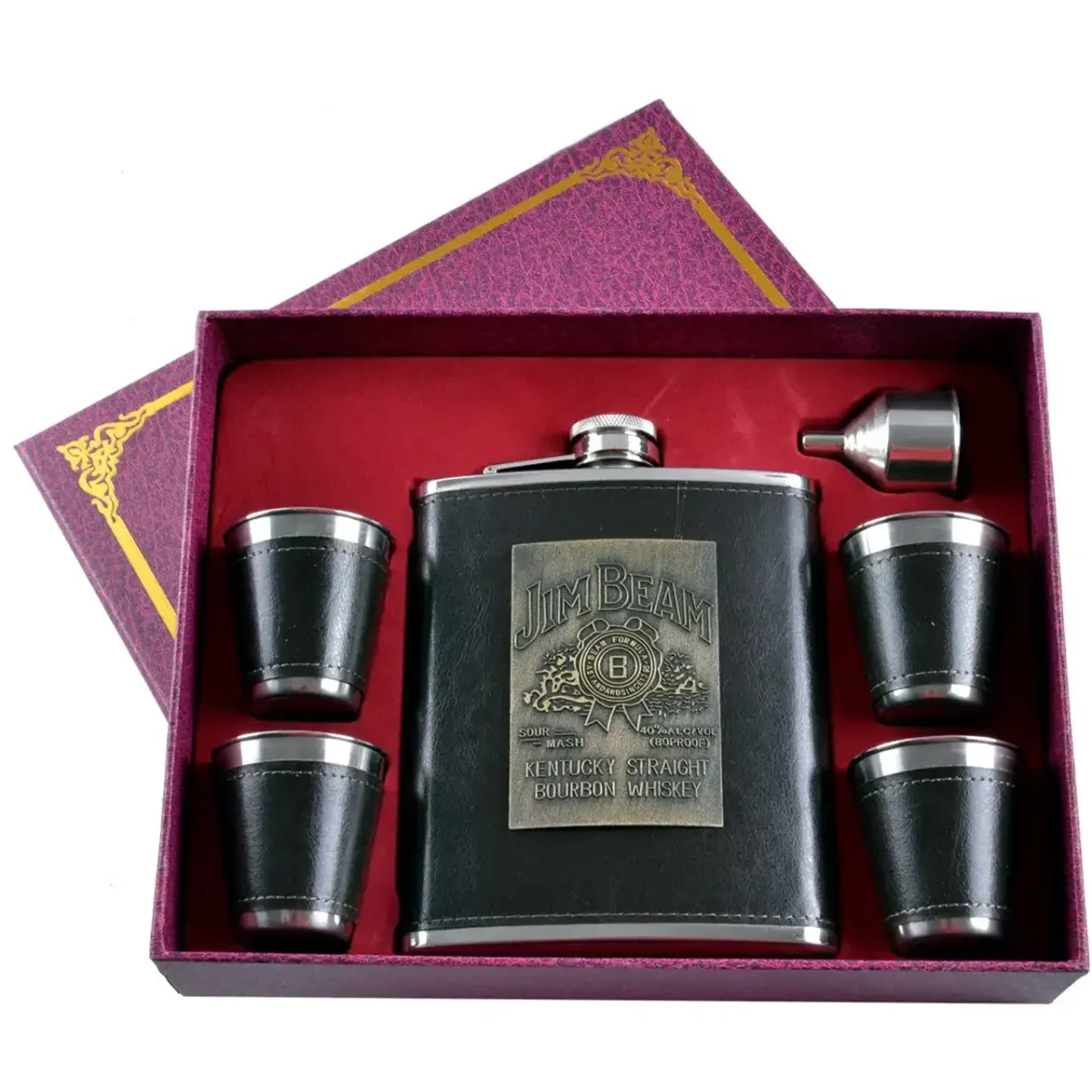 Подарунковий набір 6в1 TZ-8 Jim Beam фляга 18 oz зі шкіряним покриттям, 4 чарки 70 мл і лійка
