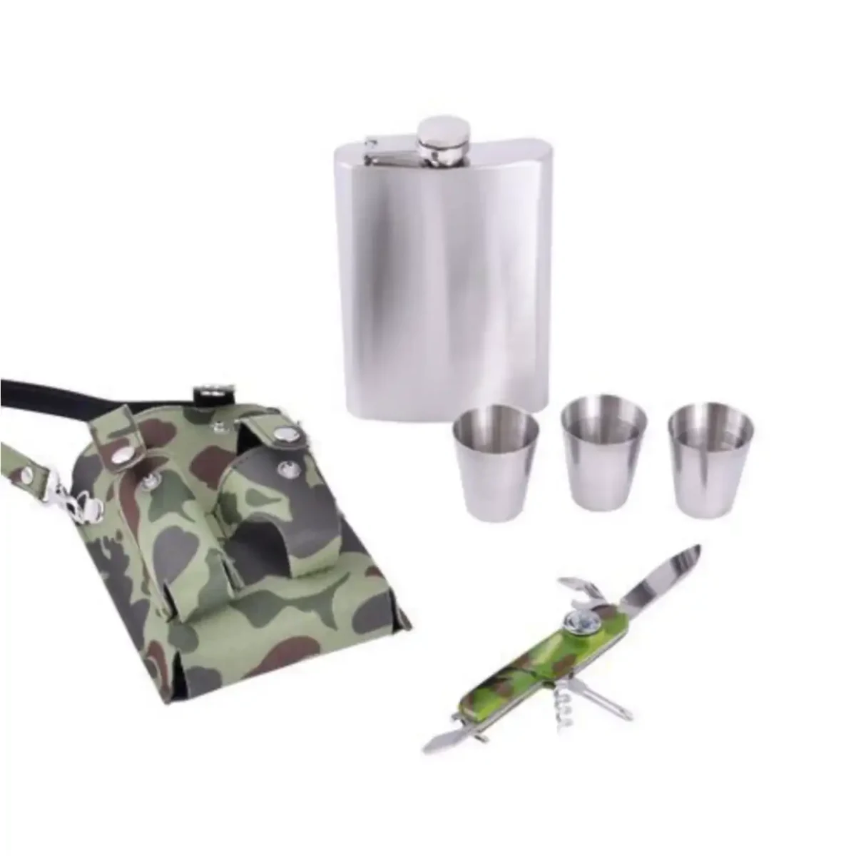 Туристичний набір PT-9-B — фляга 256 мл (9 OZ), 3 металеві чарки, багатофункціональний ніж